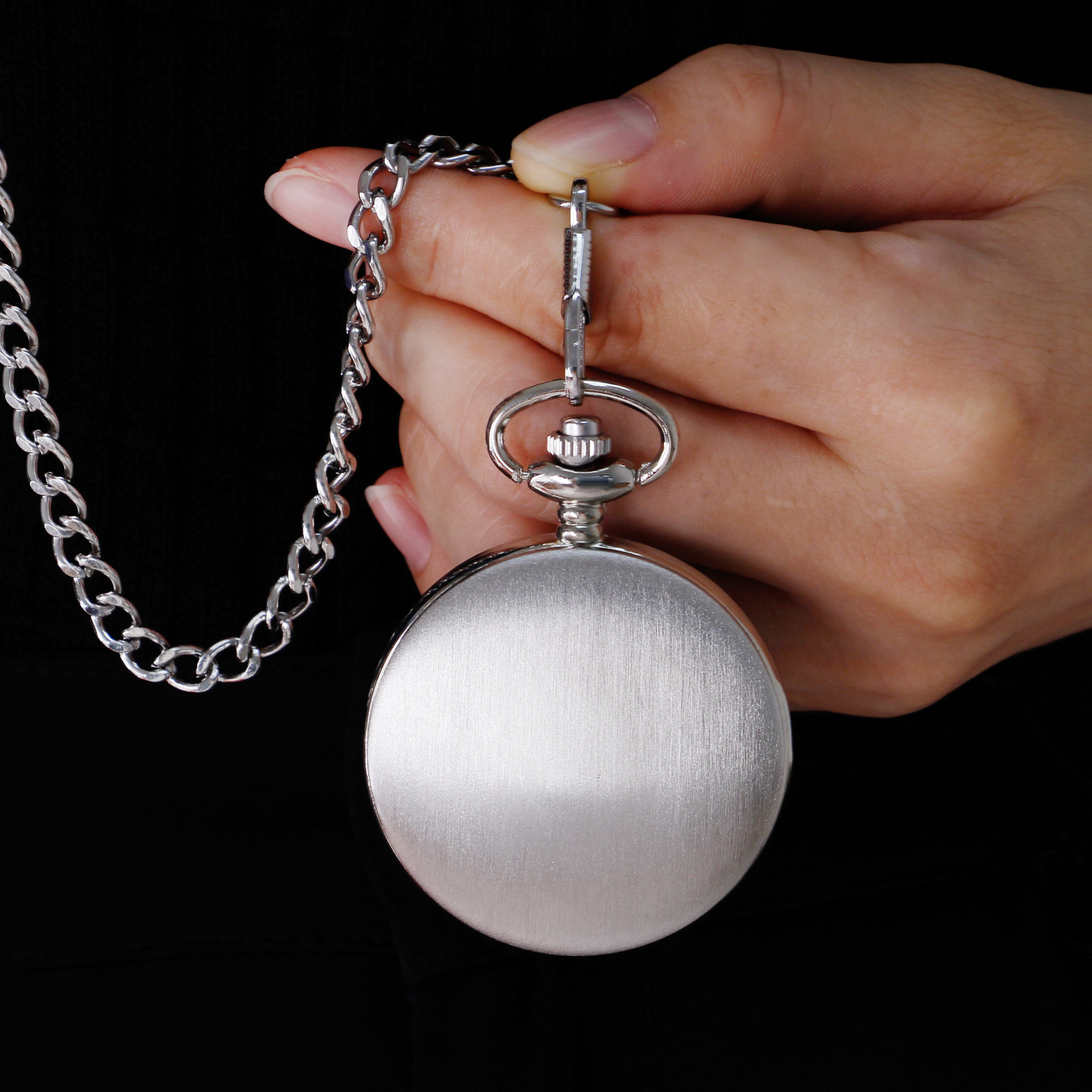 Modern Analog Pocket Watch with Luxury Smooth Silver Pendant, Roman Numerals, Unisex Chain Gift