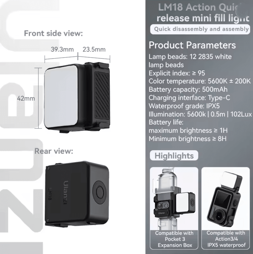 Ulanzi LM18 Waterproof LED Fill Light for Action Cameras