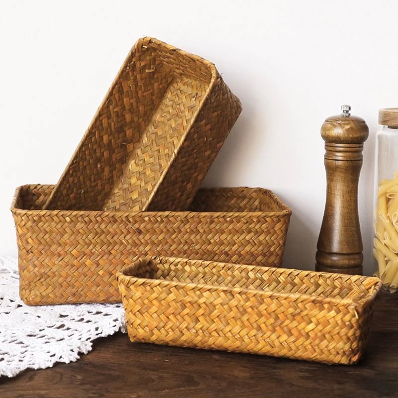 Woven Seagrass Rectangular Storage Basket for Home Organization