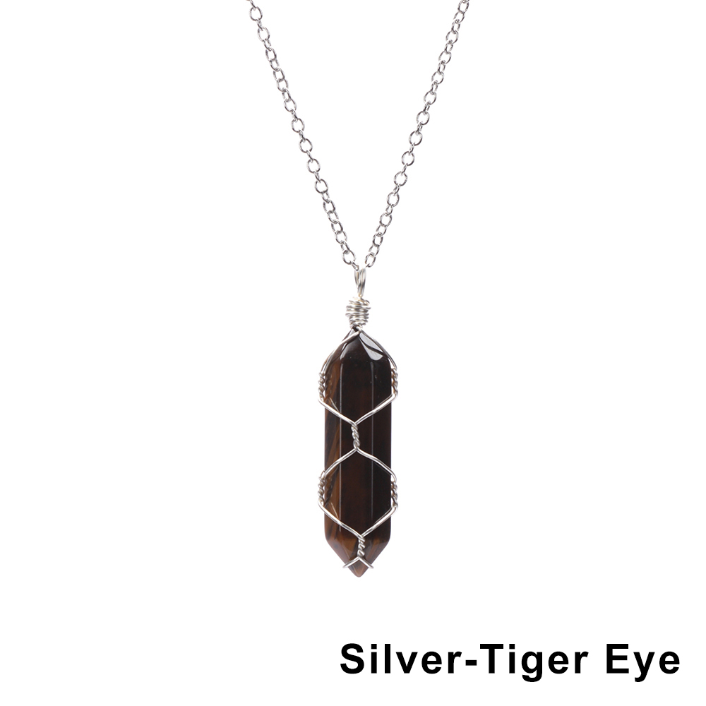 1Pc Fashion Hexagonal Cylindrical Crystal Necklace, Wire Wrap Amethyst Pendant, Natural Stone Valentine Day Gift