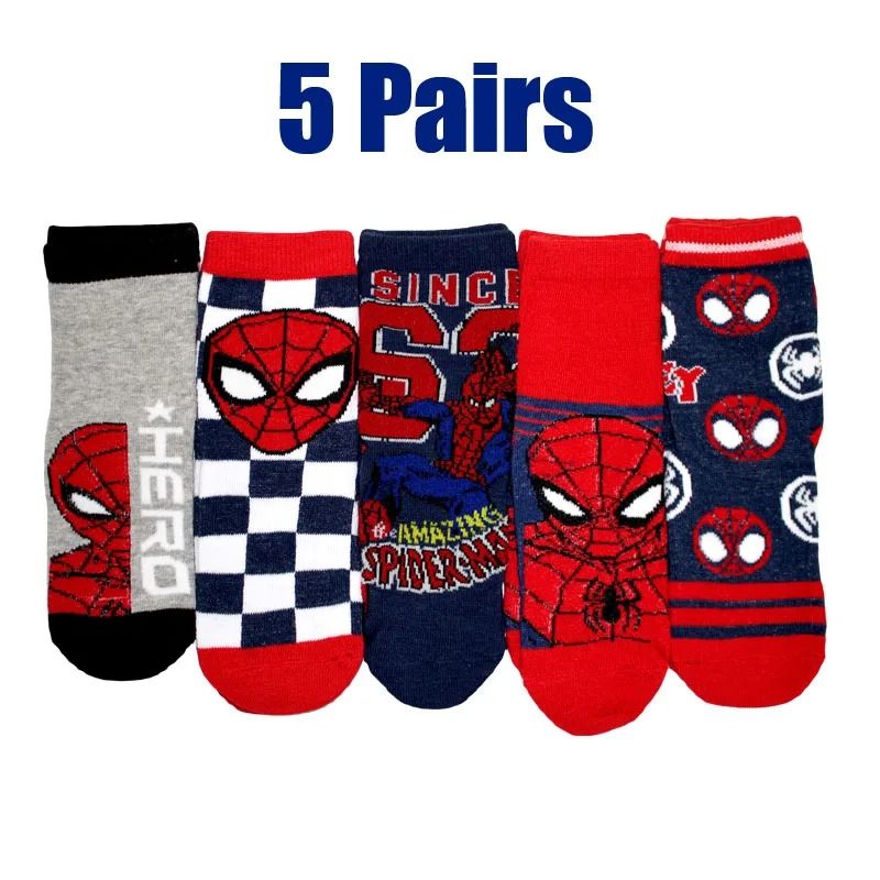 Kids Spiderman Cartoon Socks Soft Breathable Mid Tube Socks 5 Pair Set
