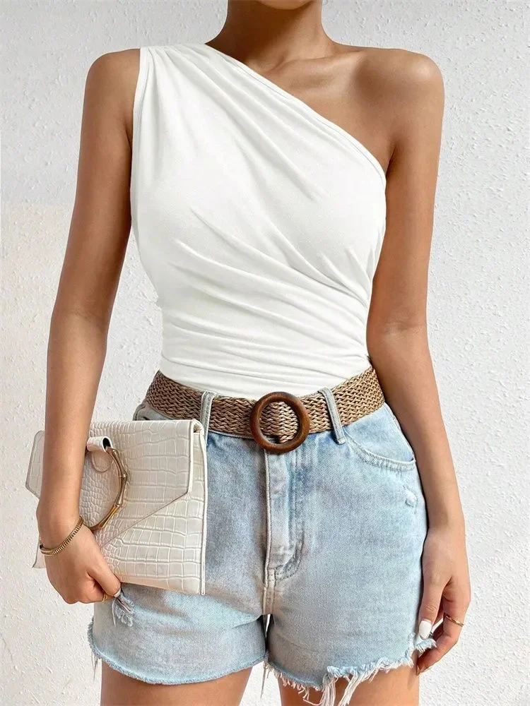 Summer One Shoulder Pleated Tank Top, Women Solid Sleeveless T-shirt, Off the Shoulder Ruched Streetwear Top
