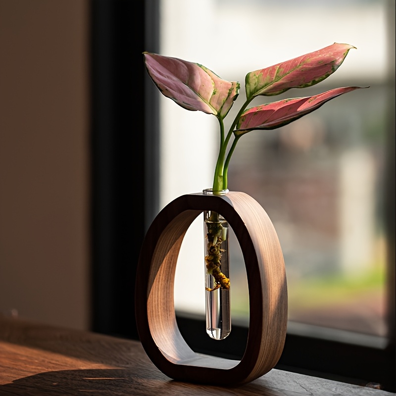 Mini Water-grown Vase, Creative Solid Wood Flower Utensil with Simple Glass Plant Insert