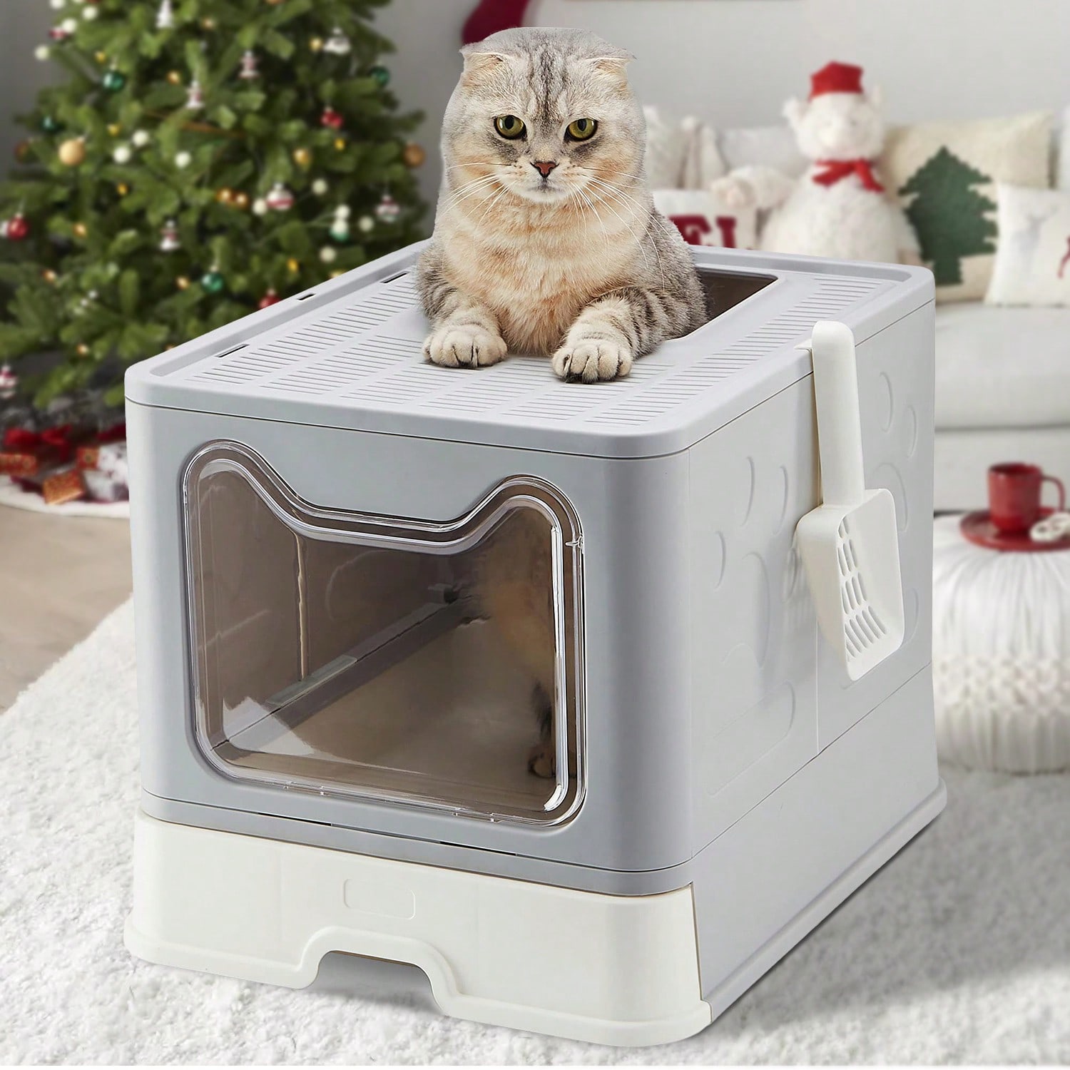 Foldable Cat Litter Box with Drawer & Scooper, Convenient Covered Litter Pan for Cats, Easy Cleaning & Portable Waste