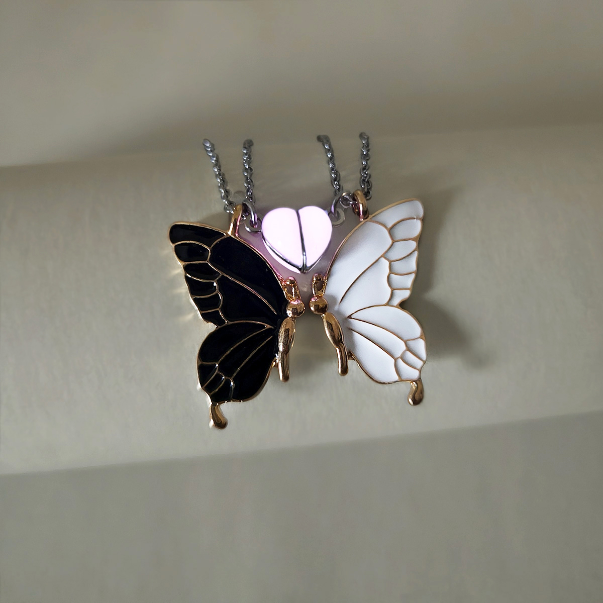 Luminous Love Butterfly Sister Necklace Set, Black and White Heart Shaped Magnetic Cute Accessories