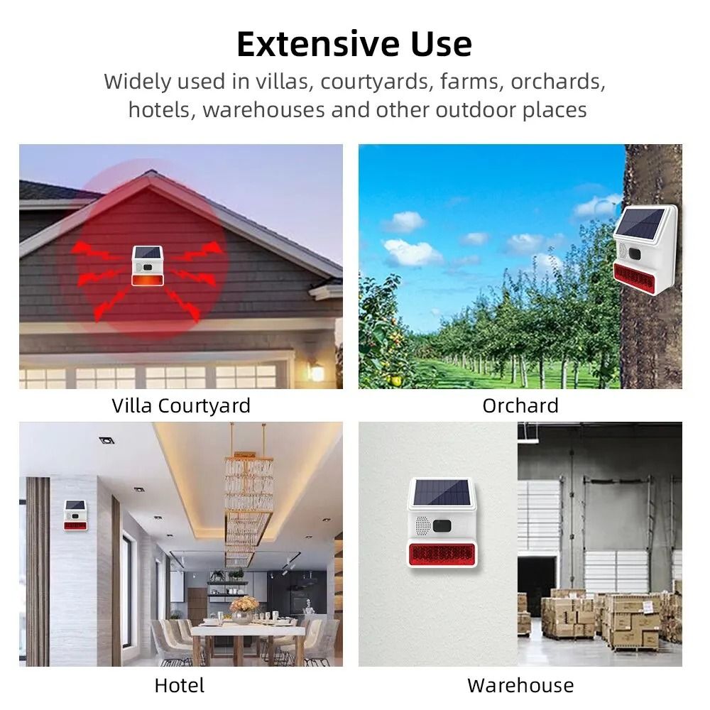 Wireless Solar Outdoor Siren Alarm with Sound and Flash for Home Security Systems