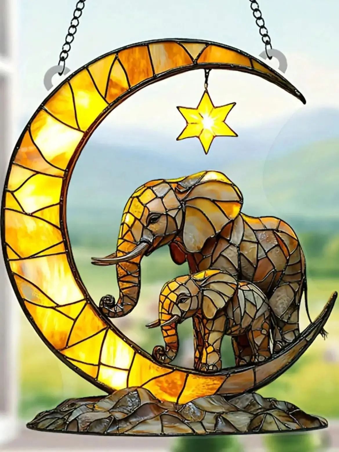 Elephant Family & Crescent Moon Suncatcher | Stained-Glass Style Window Pendant & Garden Accent