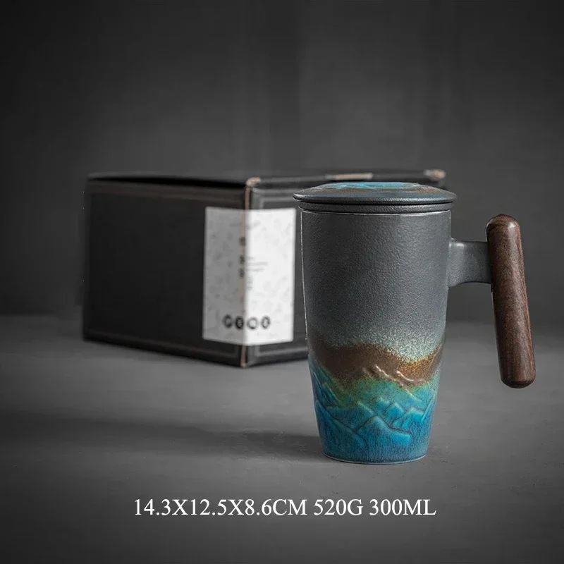 Retro Ceramic Mug with Wooden Handle and Lid
