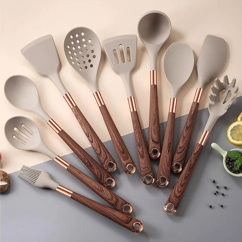 Premium Silicone Kitchen Utensils Set with Gold-plated Wood Grain Handles - Spatula, Spoons, Cooking Tools
