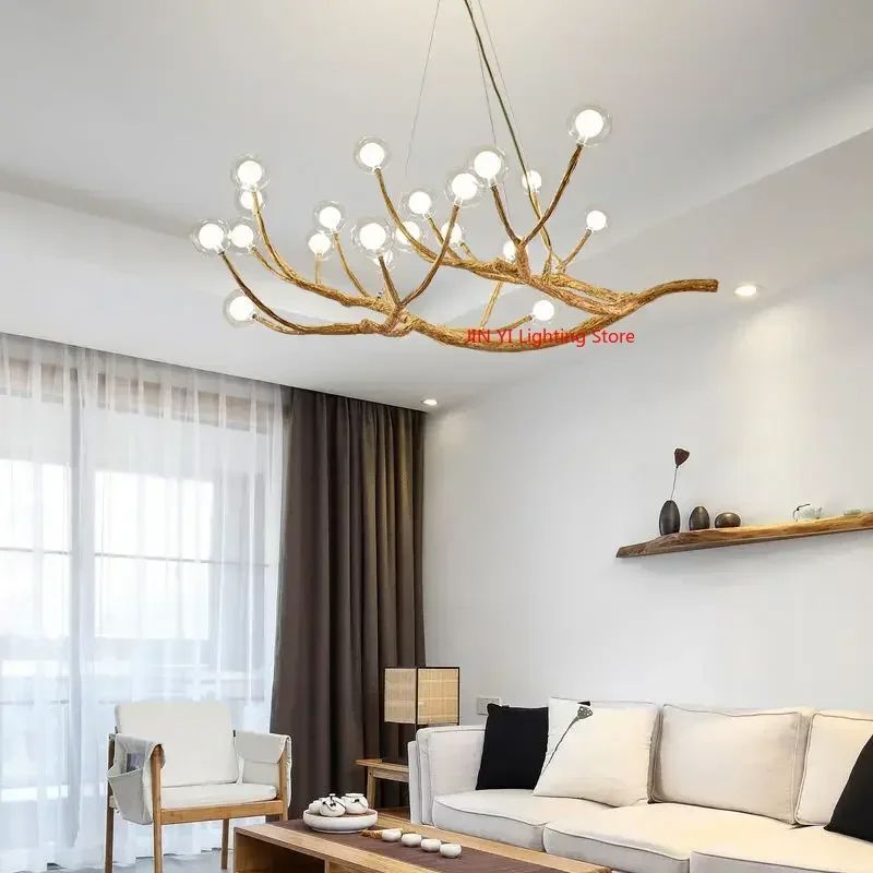 Glass Bubble LED Pendant Chandelier, Retro Resin Iron Tree Branch Hanging Light for Living Room Decoration