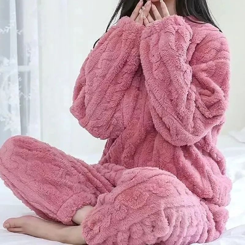 Womens Warm Velvet Ribbed Fleece Pajama Set Pullover and Pants