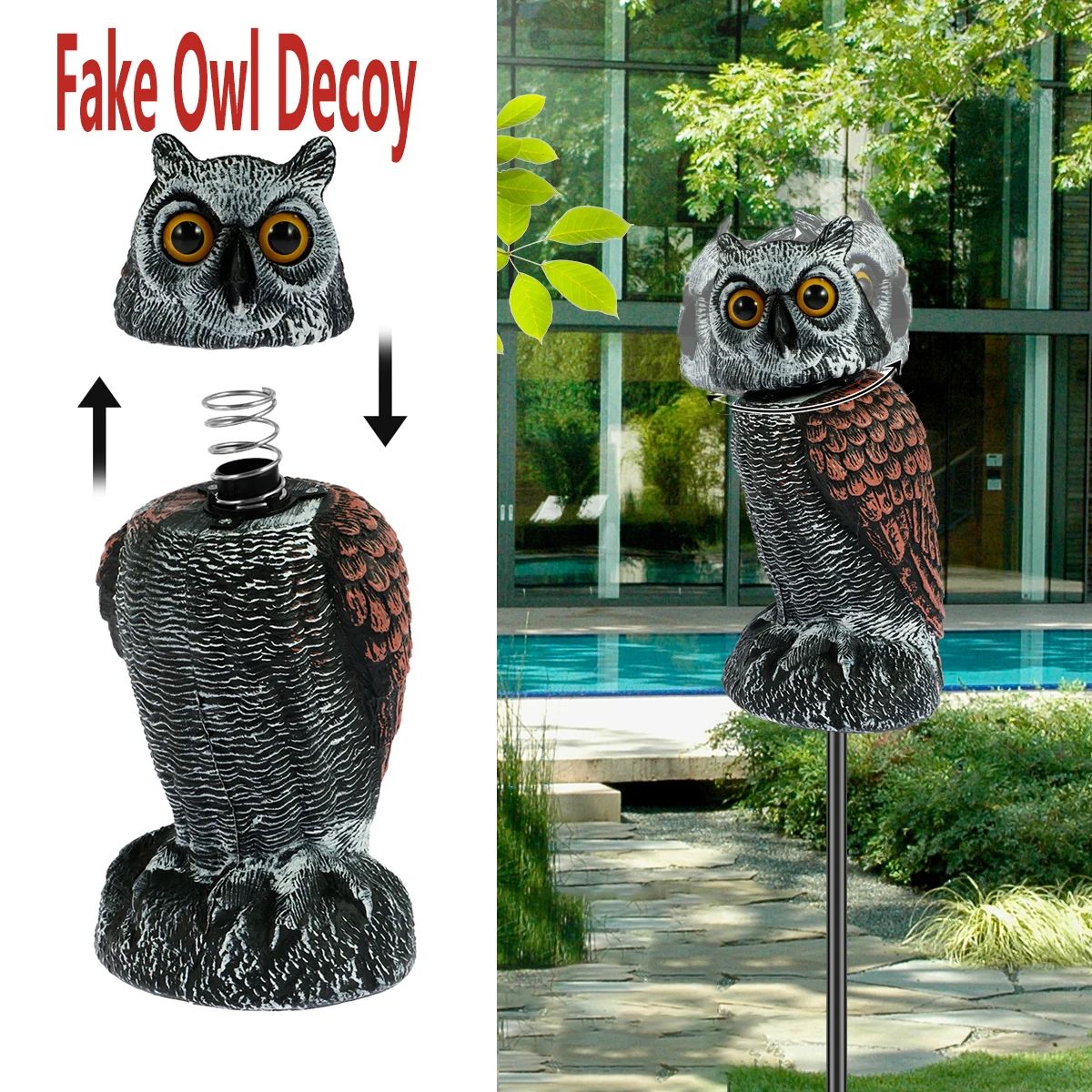 Realistic Owl Bird Repellent Decoy with 360 Degree Rotating Head Waterproof Garden Protector