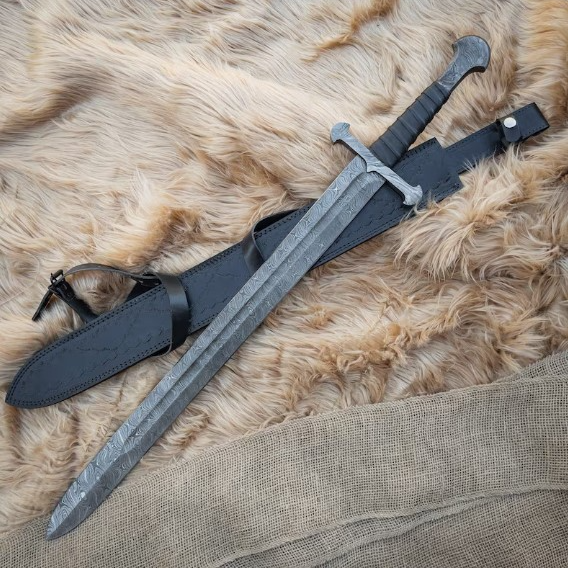 Scorched Earth Damascus Steel Sword | Hand-Forged Medieval Collectible