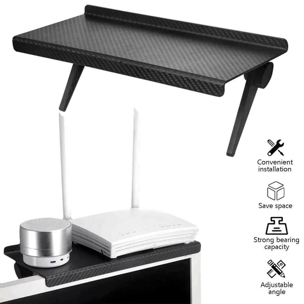 Adjustable TV screen top shelf – No-Drill monitor top storage rack for Router, Remote & Set-Top Box