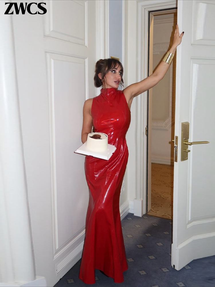 Women's Solid Leather Bodycon Dress, Sexy Turtleneck Sleeveless, Spring New Nightclub Gown