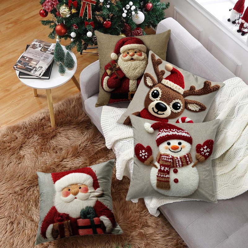 Cartoon Santa Snowman Elk Sofa Cushion, Grey Red Christmas Pillowcase, Merry Christmas Home Bed Car Decor
