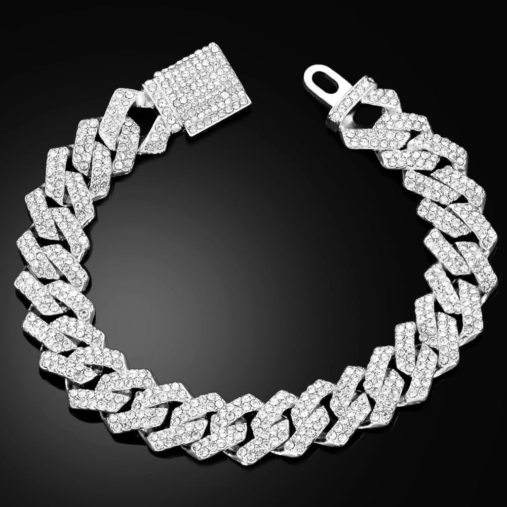 Mens Iced Out Cuban Bracelet Rhombus Design Diamond Look Chain