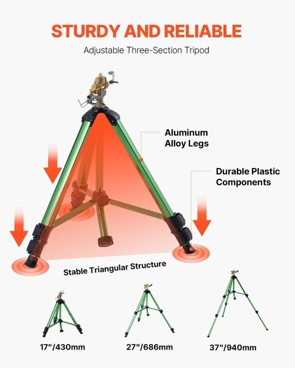 Spray Tripod Sprinkler Heavy Duty Lawn & Garden Irrigation System, Adjustable Height, Durable
