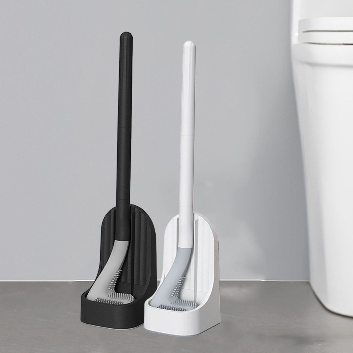 Wall-Mounted Toilet Brush with Base, Soft Rubber Brush Head, All-Round Cleaning Brush for Bathroom, Quick Drainage Tool