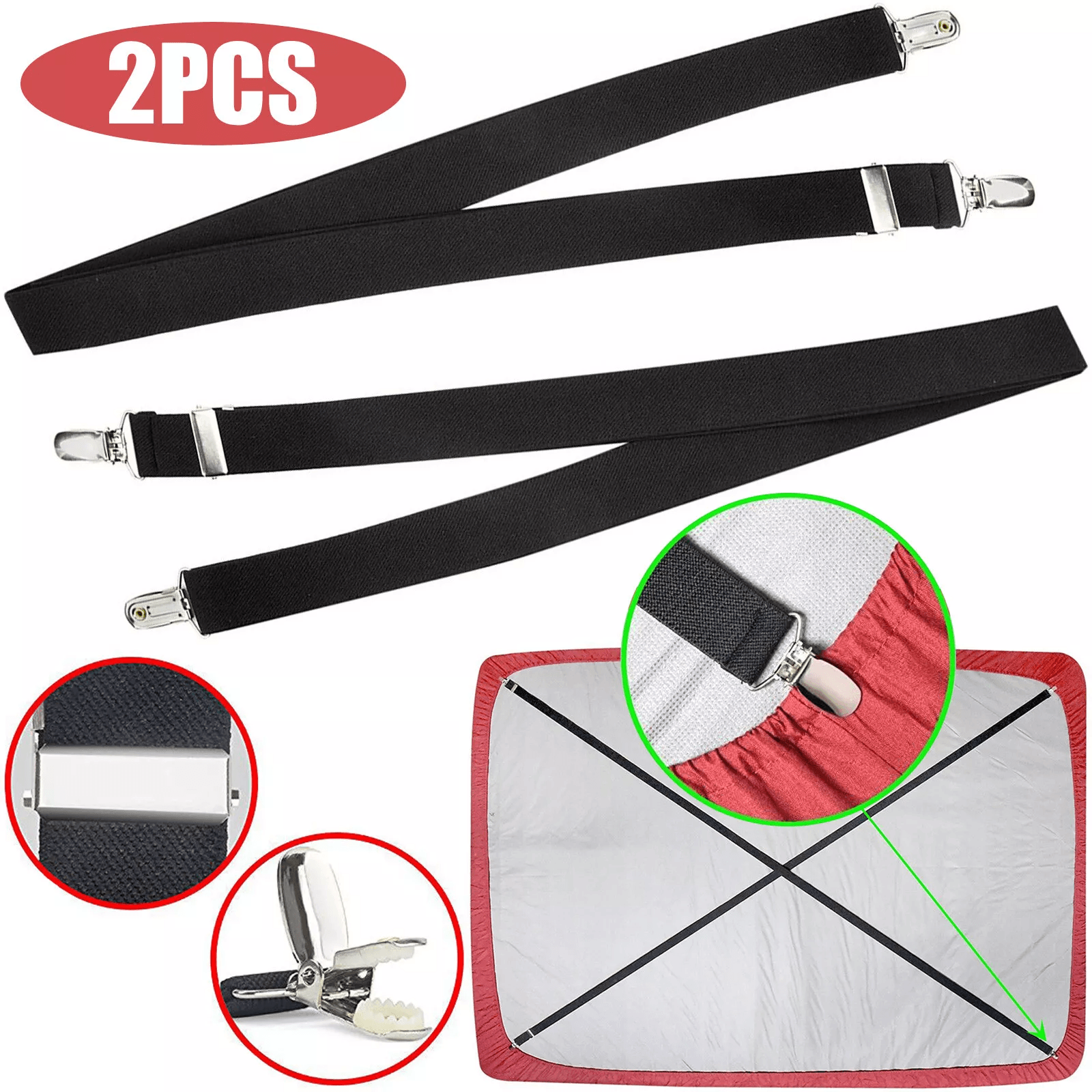 2x Adjustable Bed Sheet Fastener Elastic Suspenders Straps with Clips Secure Fitted Sheets & Mattress Covers