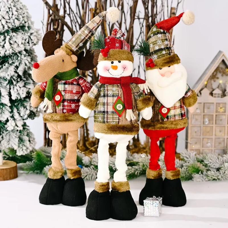 Retractable Snowman, Christmas Ornament, Reindeer Santa Plaid Standing Home Decor Doll, Kids Gift, New Year Decorations