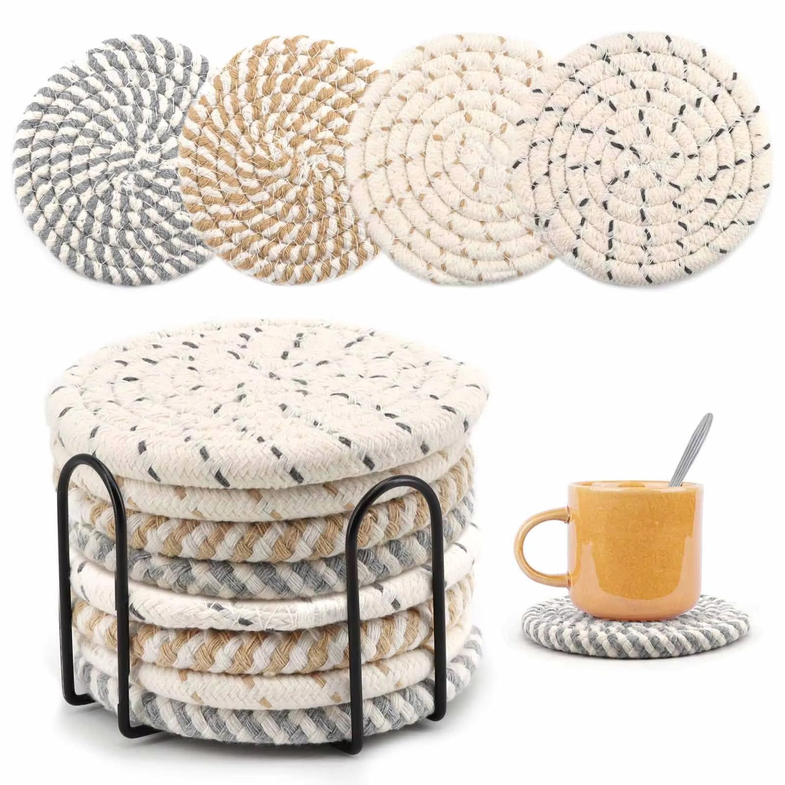 8Pcs Absorbent Woven Fabric Cup Coaster Set with Holder Farmhouse Drink Coasters for Coffee and Tea