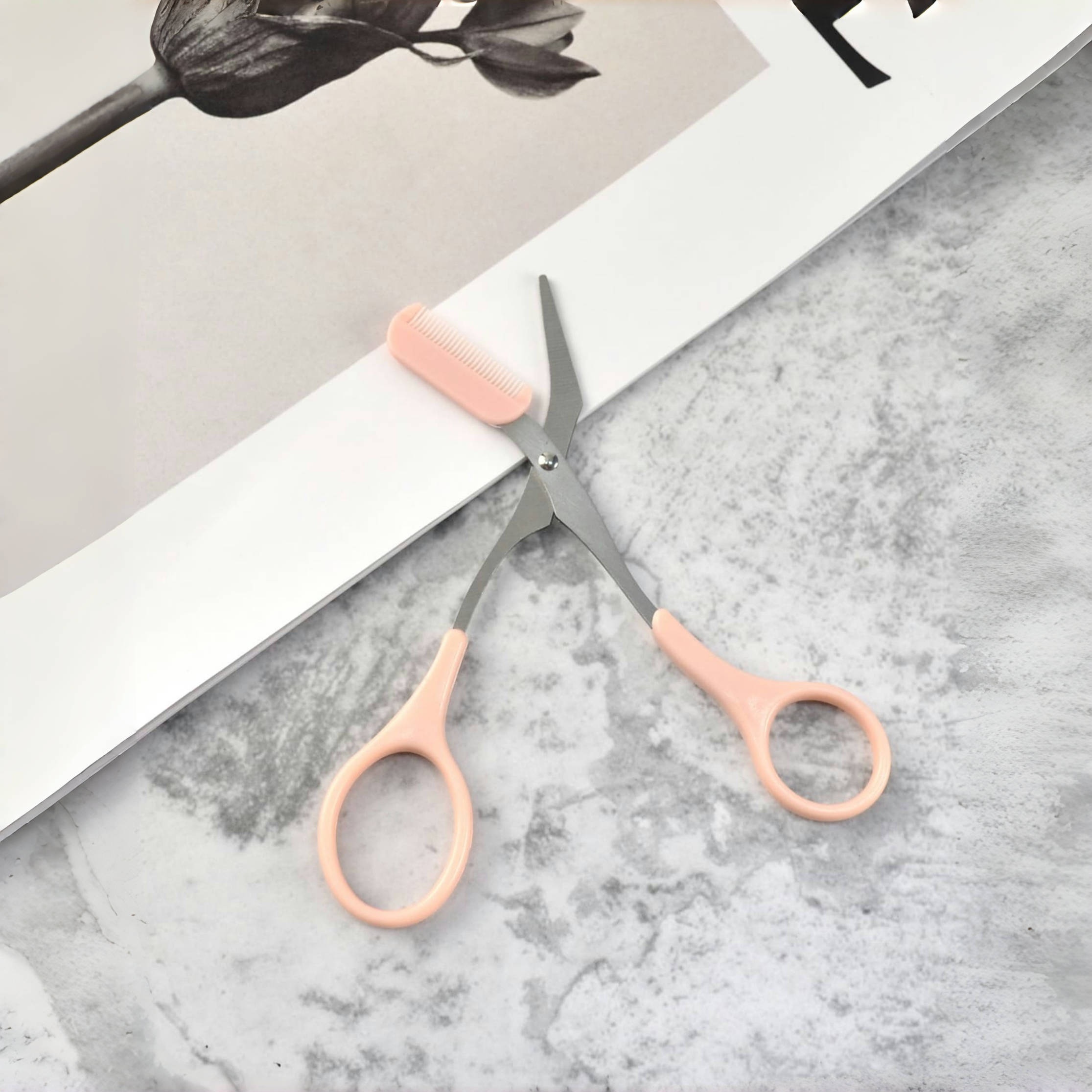 Precise Grooming Tool for Perfect Eyebrows, Pink Eyebrow Trimming Scissors with Built-in Comb, Stainless Steel Design