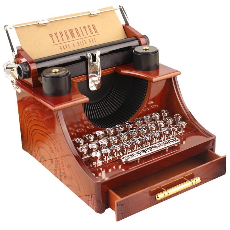 Vintage Style Wood Metal Typewriter Music Box, Creative Classic Desktop Home Office Decor, Musical Toy Gift
