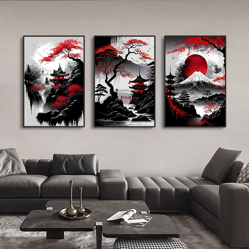 Vintage Japanese Landscape Wall Art Set of 3 Canvas Prints for Home Decor