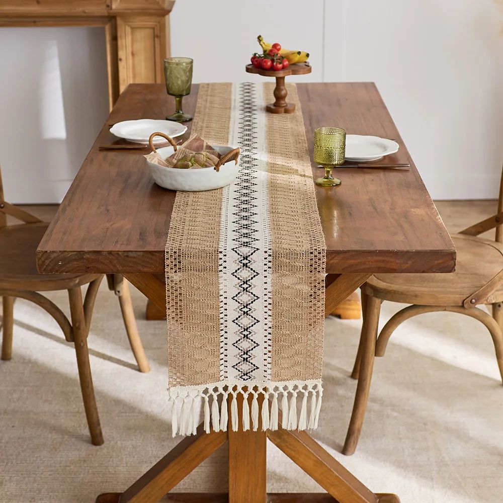 Boho Table Runner with Tassels for Farmhouse Table Decor and Rustic Home Styling