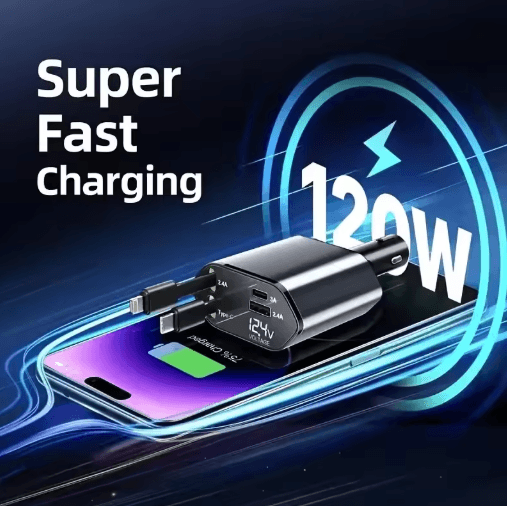 4-in-1 120W Retractable USB-C Car Charger Adapter with Fast Charging Cables