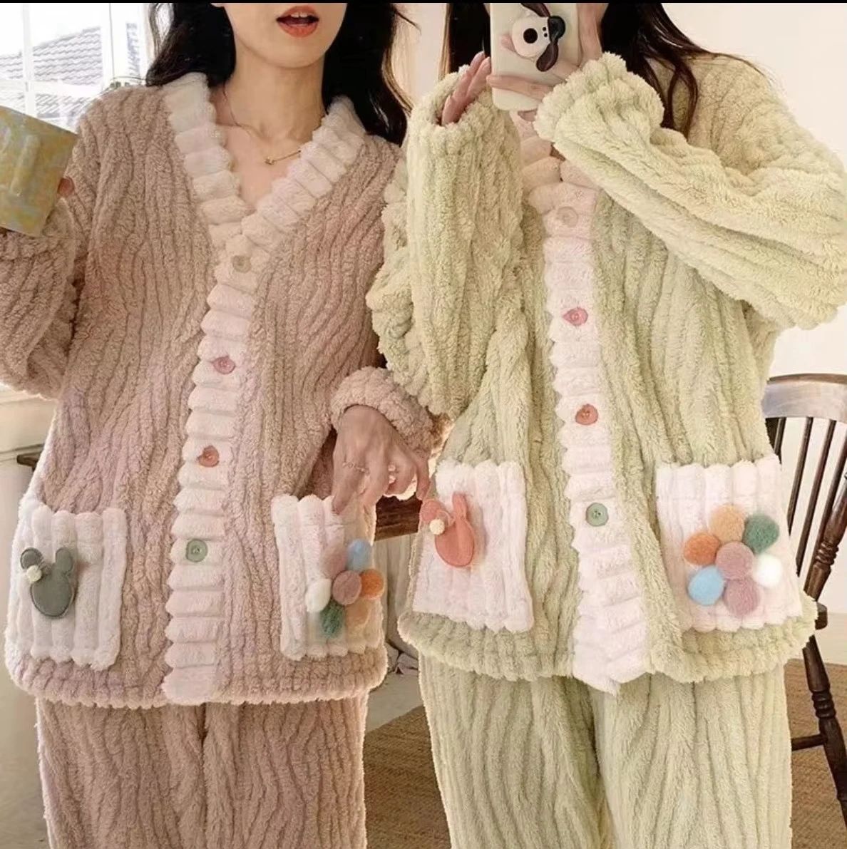 Women Thick Warm Flannel Winter Pajama Set with Cardigan