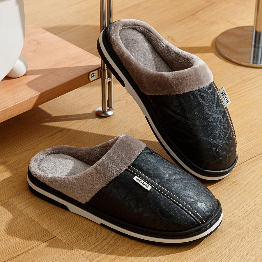 Waterproof PU Leather Mens Winter Slippers with Warm Fur Lined House Shoes Big Size for Home Bedroom