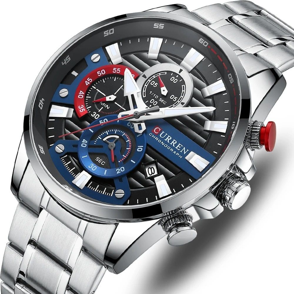 Mens Sports Chronograph Quartz Watch with Stainless Steel Case