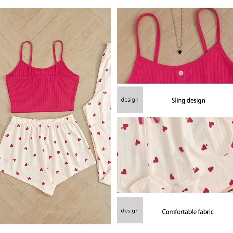 Women Three Piece Heart Print Ribbed Pajama Set