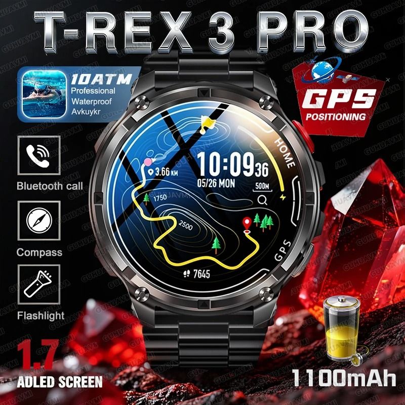 2026 T-Rex 3 Pro Smartwatch | 1100mAh Ultra-Battery & Dual-Band GPS | Executive 10ATM Military Grade Outdoor System
