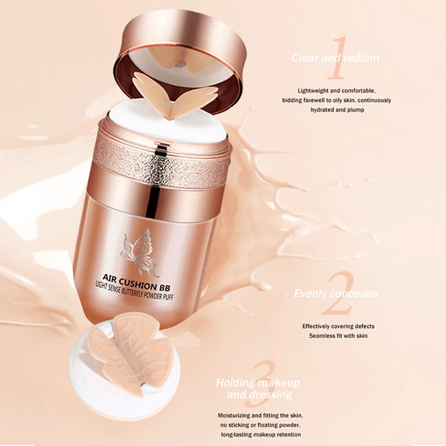 Air Cushion BB Cream Foundation – Moisturizing, Waterproof, and Oil-Control Coverage with Butterfly Puff