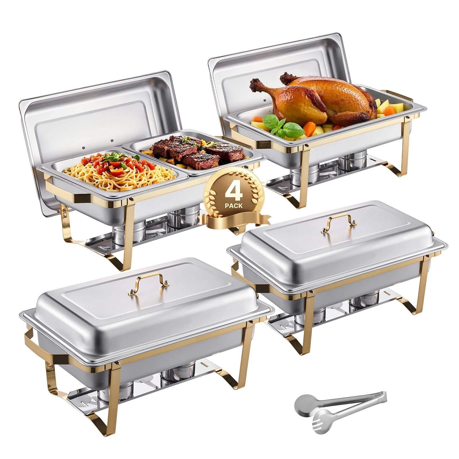 SucceBuy Stainless Steel Chafing Dish Buffet Set 8 Qt Catering Food Warmer Server 4 Pack
