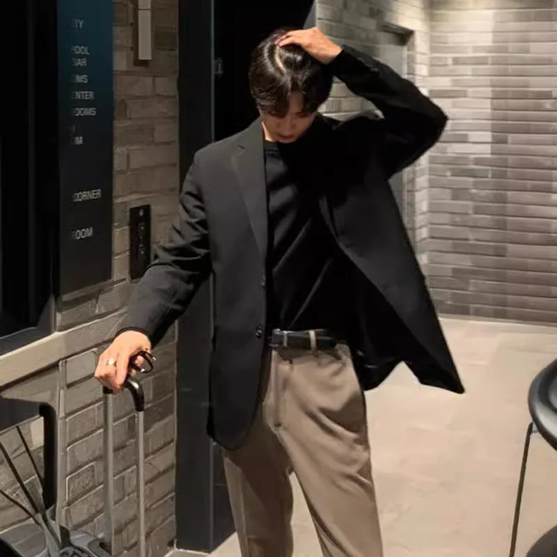 Men's Casual Blazer, Western Style Loose Fit Jacket, Autumn Trendy Single Breasted Black Coat, Dongdaemun Style Clothes