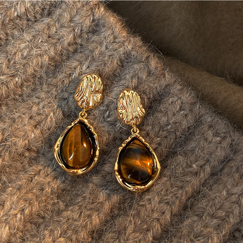 Dangle Earrings for Women Fashion, New Brown Resin Tiger Eye Stone, Melard Color Jewelry, Silver Needle Earring