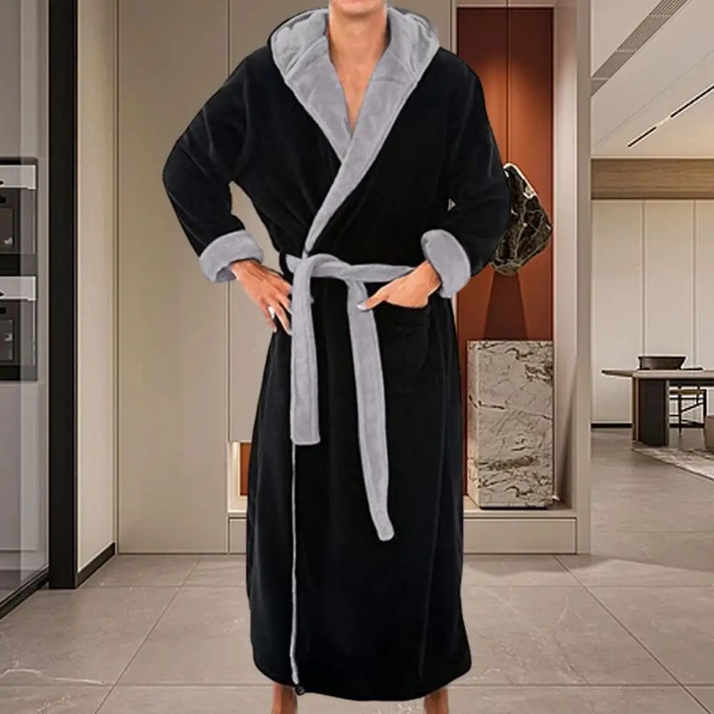 Men's Hooded Flannel Bathrobe Soft Plush Long Lounge Robe Thick Warm Home Sleepwear
