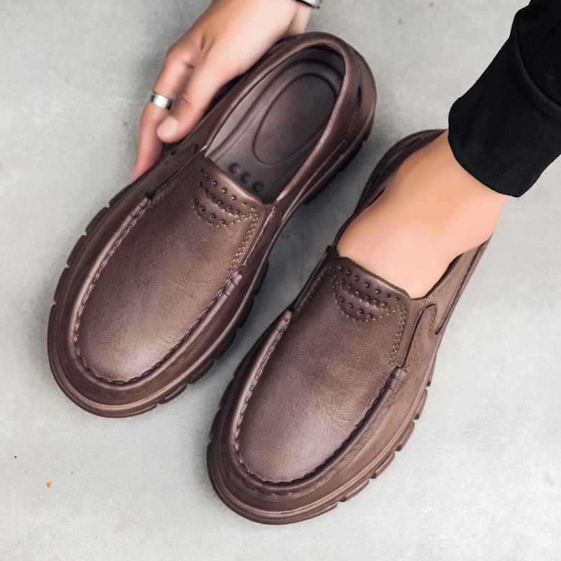 Mens Fashion Leather Casual Shoes, Waterproof Driving Loafers, Non-slip EVA Chef Shoes, Comfort Soft Soled