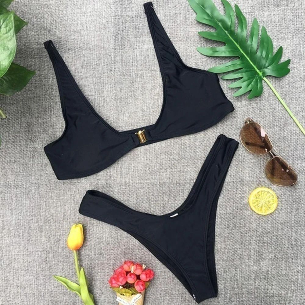 Solid Color V Thong Bikini Set Women Low Waist Swimwear