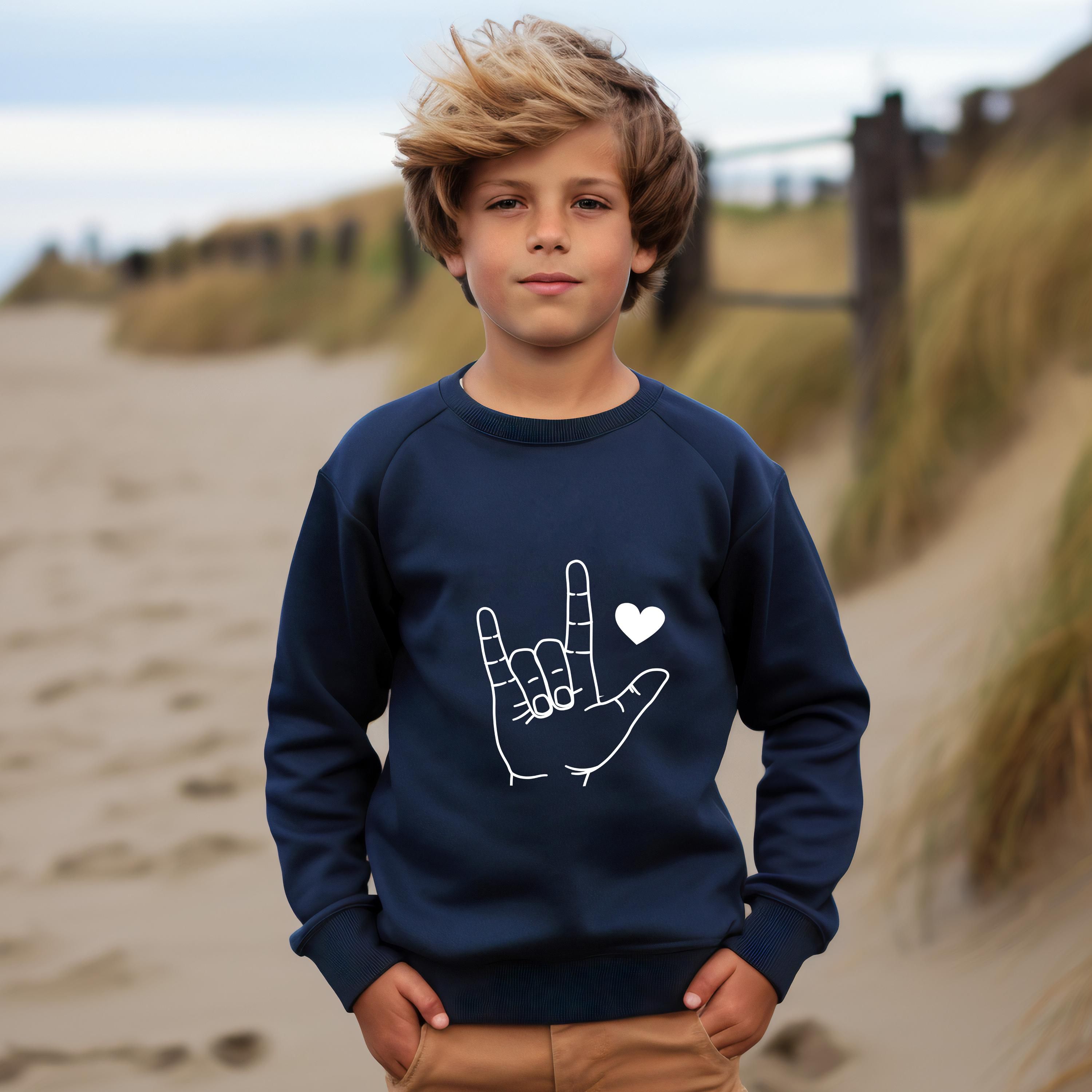 Boys Valentines Day Sweatshirt | Sign Language Rock and Love Kids Crewneck Gift Outfit