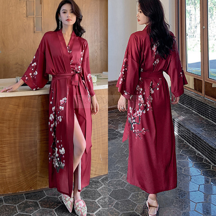 Sexy Print Flower Kimono Bathrobe Gown, New Spring Summer Female Long Robe Nightgown, Casual Silk Satin Home Dress Loung