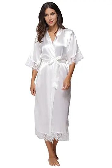 Lace Patchwork Satin Kimono Robe – Professional Silk Long Nightgown & Wedding Bridesmaid Lingerie