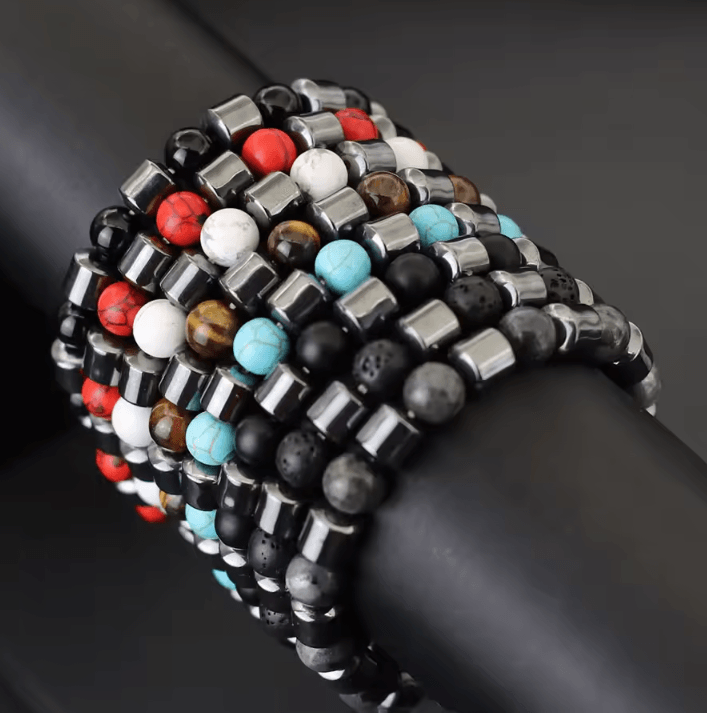 IronCore 8 mm Natural Stone Mens Bracelet – Hematite, Howlite & Tiger Eye Wristlet for Everyday Style