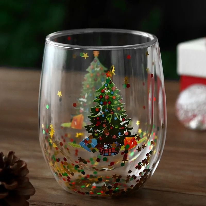 Double Wall Christmas Glass Mug Heat Resistant Holiday Coffee Cup