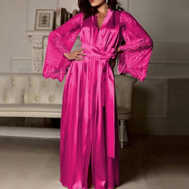 Womens Satin Robe with Lace Trim, Long Silk-Feel Bathrobe & Nightgown