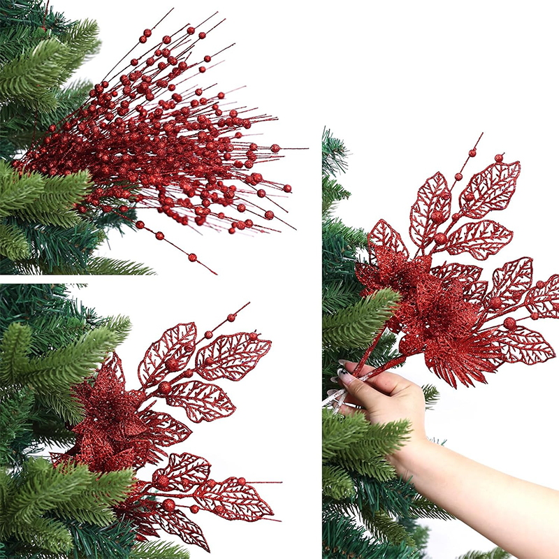 Christmas Decoration for Home, Artificial Glitter Berry Flower Branch, Tree and Party Supplies